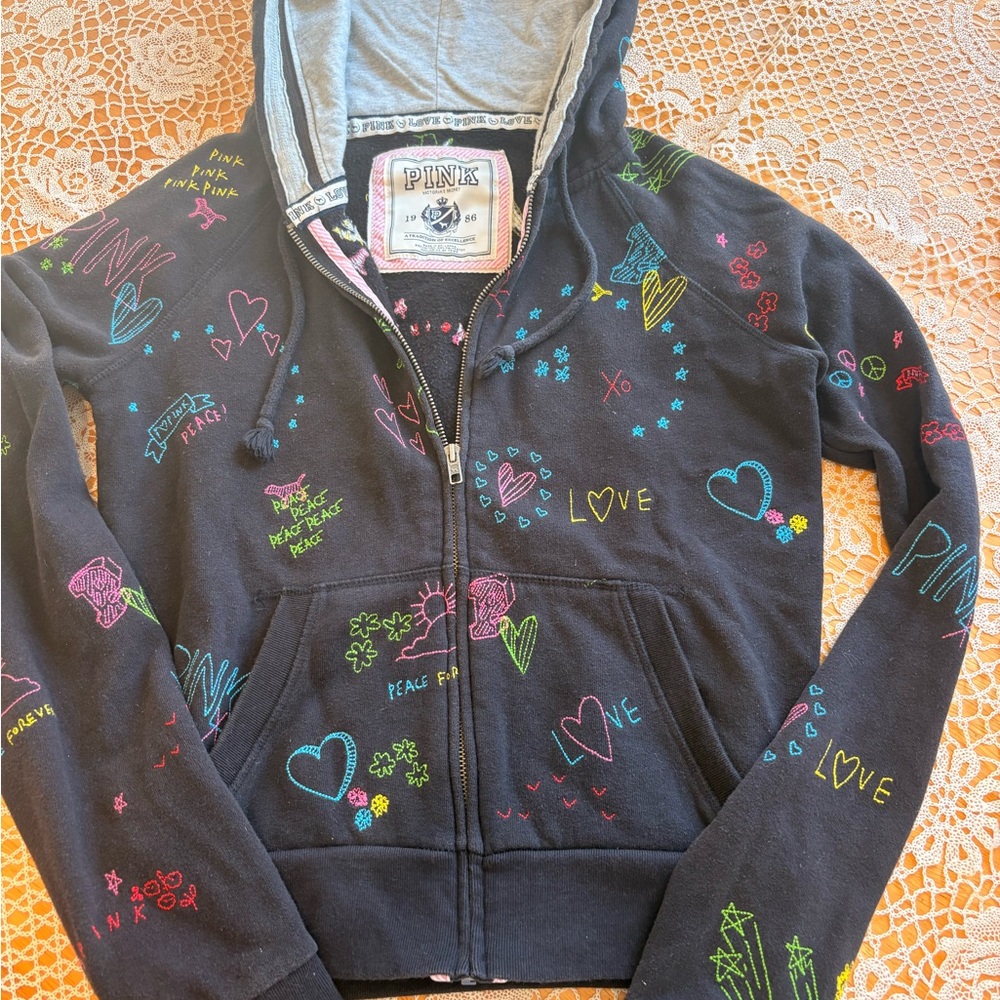 Rare vintage PINK Victoria's Secret Hoodie with Colorful Graphics